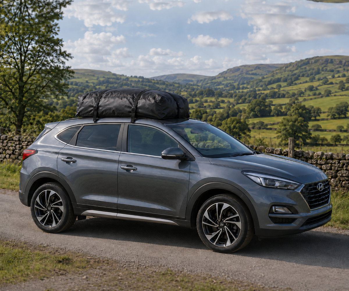 Car with roof bag in countryside